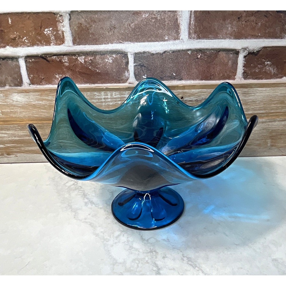 Blue Art Glass Ruffled Scalloped Rim Pedestal Compote Bowl Solid Glossy